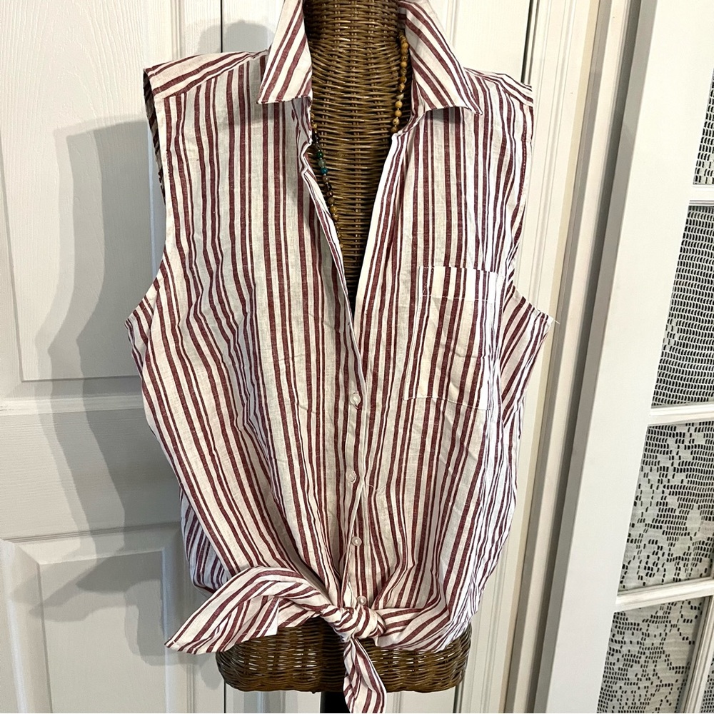 Sleeveless Tie Front ,Stripe Linen/Cotton Summer blouse , Sz XL